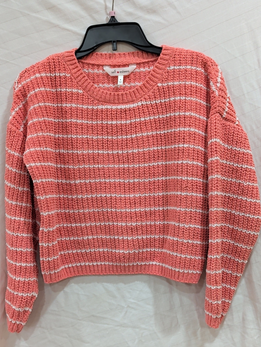 Self Esteem Coral and White Striped Crewneck Sweater Size M